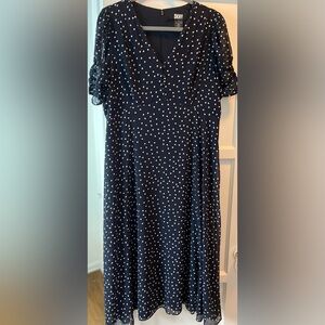 DKNY Polka-Dot Midi V-Neck Button-Trim Navy Blue Dress Size 14